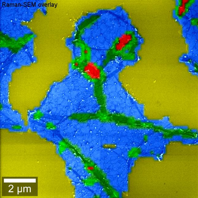 RISE Microscopy (Raman-SEM) on a CVD graphene flake. The Raman image is overlayed on the SEM image.