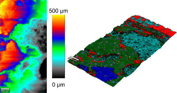 Topographic confocal Raman Image of a Roman fresco. Left: Sample topography analyzed by TrueSurface Microscopy; Right: Topographic confocal Raman image.