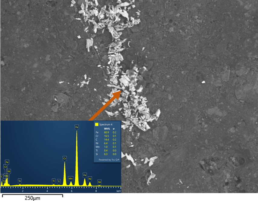 Analysis of a pharmaceutical tablet that was found to have a discolouration on the outer coating. SEM-EDS analysis quickly identified the discolouration as fragments of a stainless steel that could potentially be traced back to machinery on the production line.