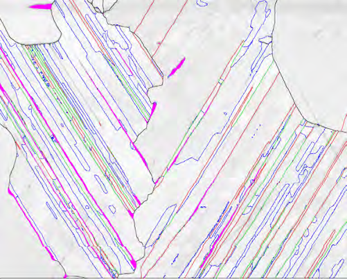 Fig. 3G and 3H – Grain boundary color legend and distributions. 3G: Pseudo-twin 1.2%, Order Variant twin 98.0%, True Twin 0.5%, General grain boundary 0.3%. 3H: Pseudo-twin 16.6%, Order Variant twin 56.2%, True Twin 21.9%, General grain boundary 5.3%.