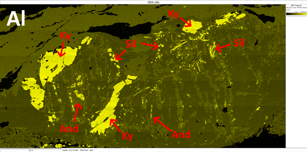 EBSD phase map showing garnet, quartz and plagioclase feldspar across a 25 mm field of view