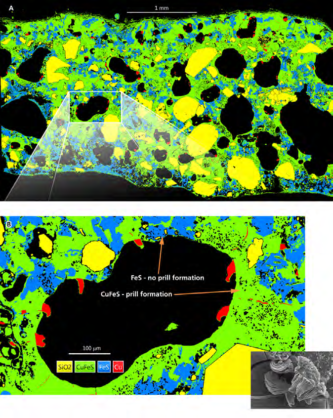 Figure 2B inset: SEM micrograph by Nigel Meeks showing fractured sample with copper prills growing from internal surface of a gas pore