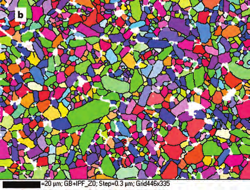 Figure 2(a): Band contrast map with glassy phase and porosity shown as black regions