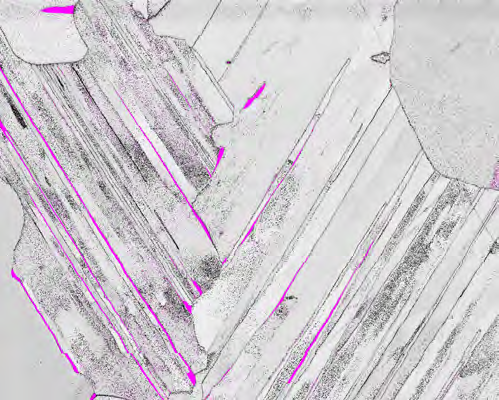 Fig. 3D – IPF-z of the γ phase and α2 phase (magenta), Refined Accuracy processing.