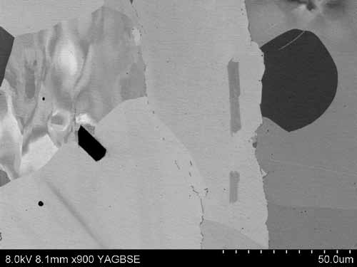 Figure 1c: A high magnification back-scattered image showing the fine grain boundary particles